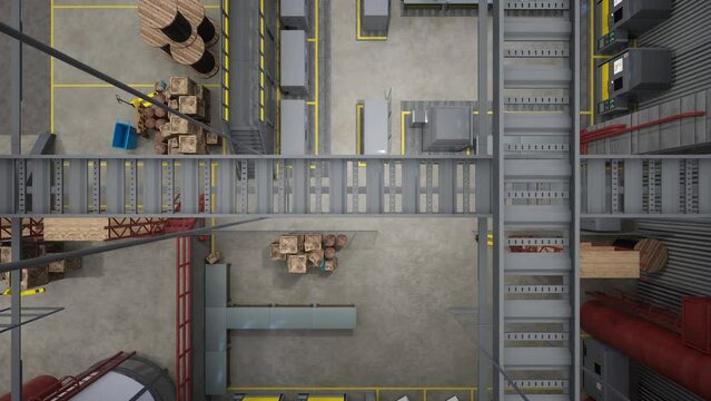 Top down view of rows of computerized machines in warehouse, 3D rendering. CNC machinery hardware used for automatization processes in industrial plant, aerial drone shot