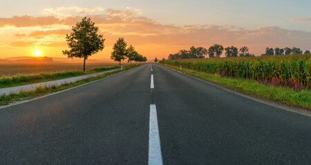 Countryside road leading to sunrise in Slovenia.