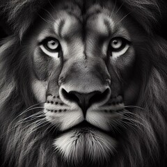 CloseUp portrait of a male lion in black and white. Lion art print.