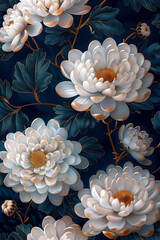 white chrysanthemum flowers and blue leaves in dark blue background