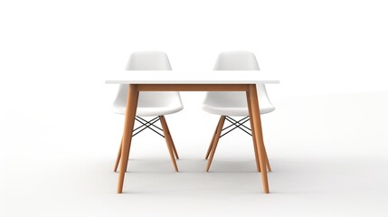 Realistic wooden table and chair isolated on white background.