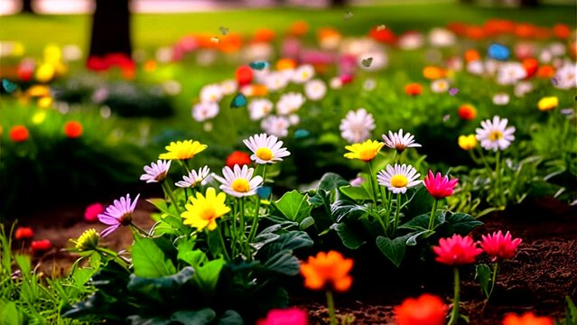 The amazing phenomenon of spring scenery with various kinds of beauty, colorful flower fields, flying butterflies, Seamless looping time-lapse 4k animation video background Generated AI