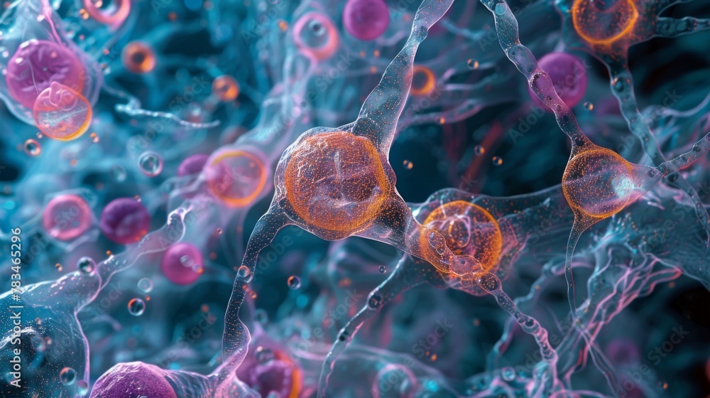 Poster an image of a euglenoid colony with numerous cells connected by a matrix of creating a slimy gel aro