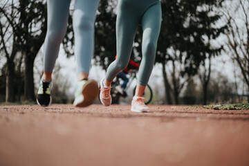 A dynamic low-angle shot capturing the feet of joggers in action on a park trail, highlighting an active lifestyle.