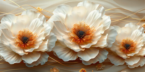 three white chrysanthemum flowers in close up and detailed