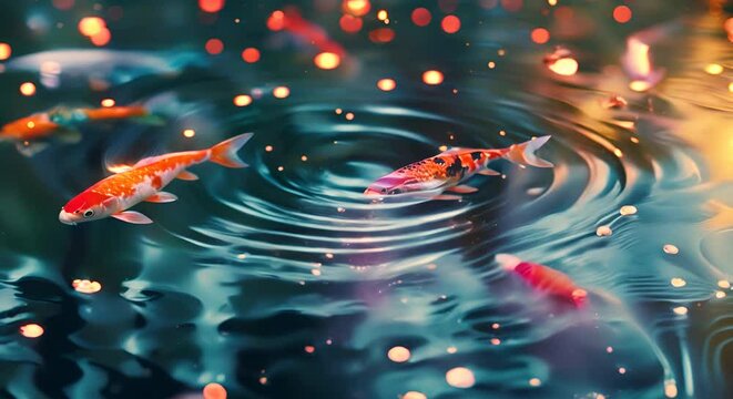 A tranquil, abstract koi pond with fish swimming in circles of colorful light