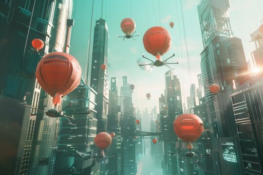 A futuristic city with drones and balloons mingling in the air for urban transport