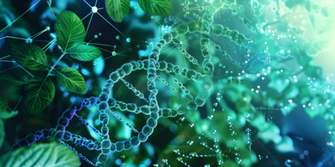 Fotobehang glowing DNA Double strand in a botanical garden, hybrid plants, crops of desired traits, green leaves, green house effect, blue print of greens   © Shahidah