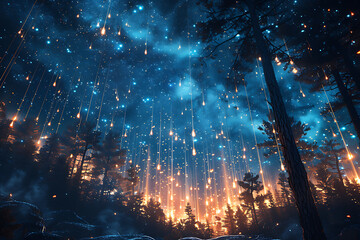 A mesmerizing starfall with falling stars streaking across the night sky. Bright, glowing trails against the dark cosmos create a magical and enchanting spectacle - obrazy, fototapety, plakaty