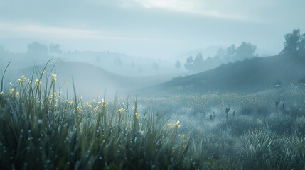 Feel the dew-kissed grass caress your fingers as you journey through mist-drenched valleys. - obrazy, fototapety, plakaty
