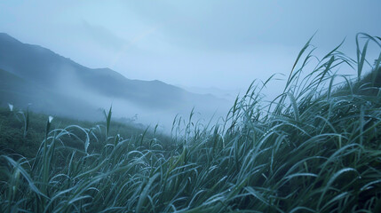 As you journey through the mist-kissed valleys, articulate the feeling of dew-kissed grass - obrazy, fototapety, plakaty