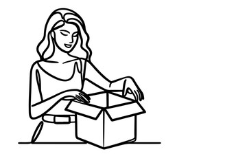continuous one single black line drawing a woman holding box or present and opening a box  vector