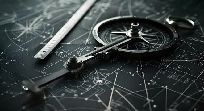 A sophisticated, dark image of a mathematical compass and ruler, awarding achievements in theoretical physics