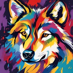 An abstract portrait of a wolf in vibrant colors. An illustration for a educational book, or nature decoration for a children's play room.