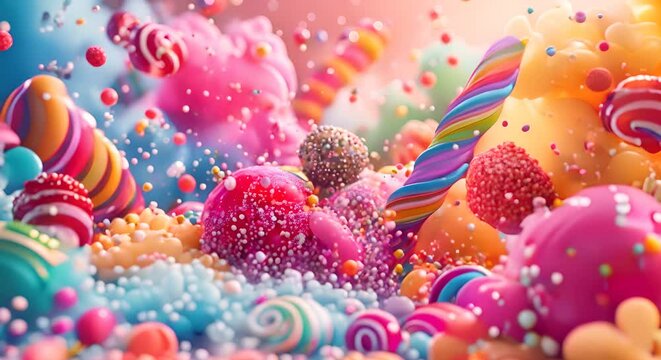 An explosion of colorful, abstract candies in a world of sweet, sugary fantasy