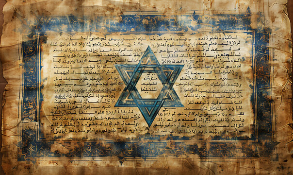 Old paper page from ancient torah book with blue Star of David. Judaism religious symbol. Bible exodus torah. Passover celebration, Yom Kippur, Purim. Illustration for banner, wallpaper, background