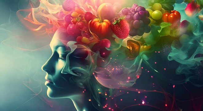 An abstract representation of mental clarity and energy from balanced nutrition, surreal