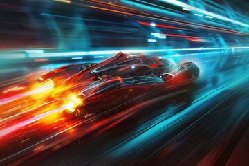 Conceptual art of a futuristic vehicle speeding on a track