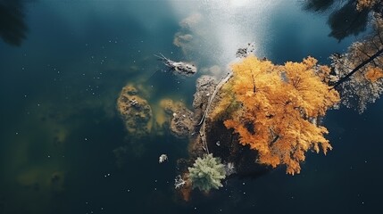 Fototapeta na wymiar Beautiful lake in autumn season with autumn leaves seen from top view.