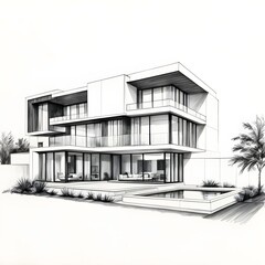 Architecture sketch of a modern house , hand drawn in pencil contrasting dark shades on a white background