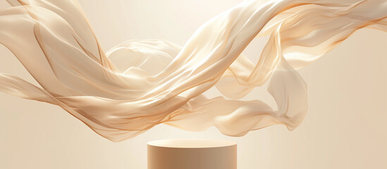 A beige podium with flowing fabric floating above it, creating an abstract and elegant composition for product display in beauty advertising