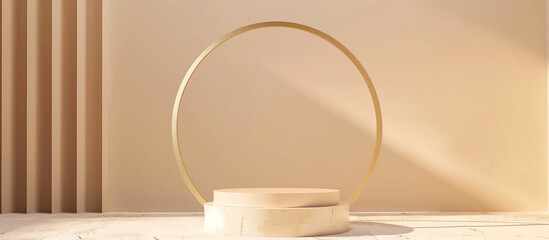 3D golden cylinder podium pedestal with circular background for product display presentation mockup, beige background