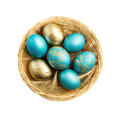 A basket with blue turquoise and gold Easter eggs top view isolated on white background