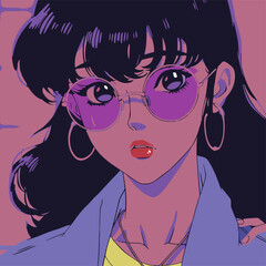 Lofi neon colors 80s anime still, girl wearing retro outfit, retro fashion, muted retro colors, style of Dragons Heaven, close up shot, vector portrait illustration, pop girl anime with pink glasses