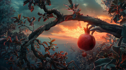 In a neglected garden's periphery, a wanderer plucks a pomegranate from a gnarled bough. - obrazy, fototapety, plakaty