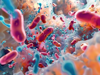 A dynamic 3D scene of Salmonella bacteria invading intestinal epithelial cells. - obrazy, fototapety, plakaty