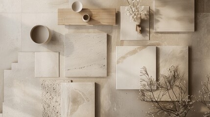 a material moodboard with square swatches, pine wood, light pine wood samples,  pine wood, textured concrete, limestone rock, beige sandstone, textured plaster, minimalist style - obrazy, fototapety, plakaty
