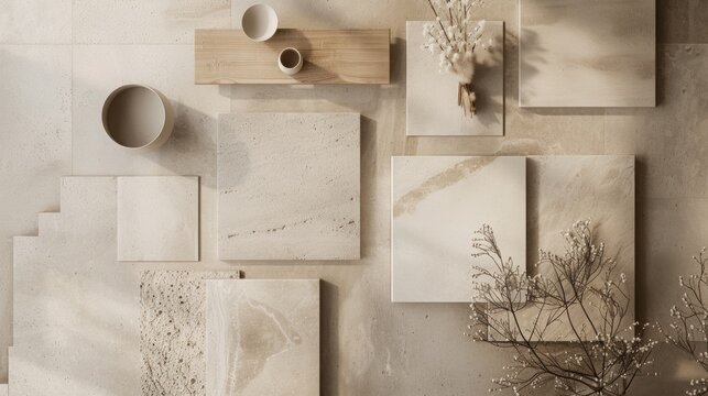 a material moodboard with square swatches, pine wood, light pine wood samples,  pine wood, textured concrete, limestone rock, beige sandstone, textured plaster, minimalist style