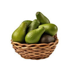 A basket of avocados on a white background