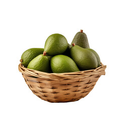 A basket of avocados on a white background