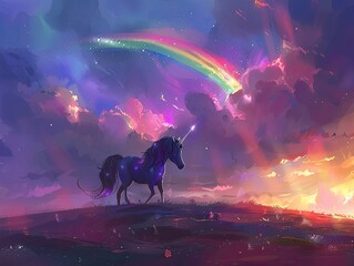 A fantasy illustration of a unicorn under a sparkling rainbow in the sky - obrazy, fototapety, plakaty
