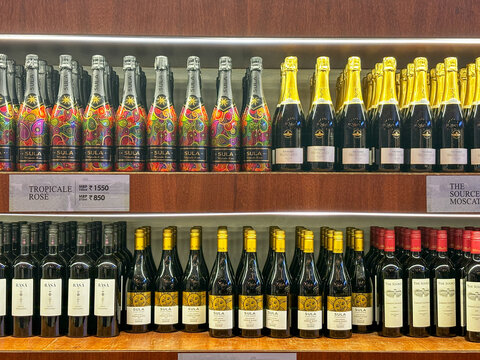 Different wine products displayed at factory outlet store of SULA wine yard at Nashik, Maharashtra, India.