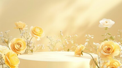Podium background flower rose product yellow 3d spring table beauty stand display nature white. Garden rose floral summer background podium cosmetic valentine easter field scene gift yellow day romant