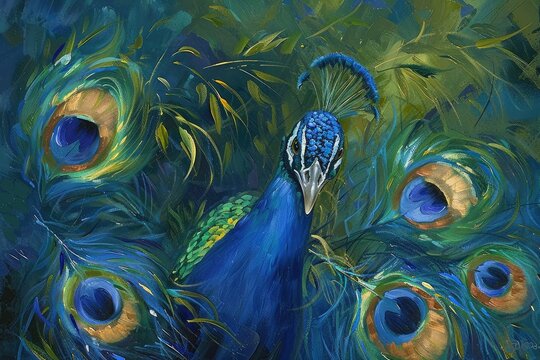A peacock with bright blue and green feathers.