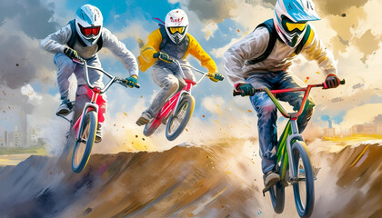 BMX riders in action, soaring off a dirt ramp under a cloudy sky, showcasing skill and speed. Generative Ai. - 783470202
