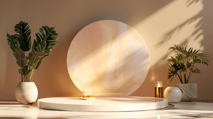 Elegant Product Display, Minimalistic product display with marble textures, golden accents, and tropical plants.