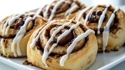 plate of cinnamon rolls, emphasizing the textures of soft dough, cinnamon swirls, and creamy icing