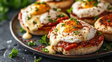 plate of eggs Benedict, highlighting the textures of poached eggs, hollandaise sauce, and English muffins - obrazy, fototapety, plakaty