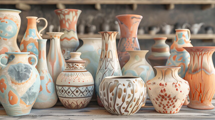 Artisan Pottery, A collection of unique, handcrafted pottery in various designs and earth tones.
