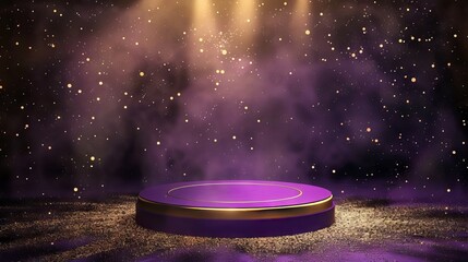 purple podium product stage with spotlight and golden glitter background