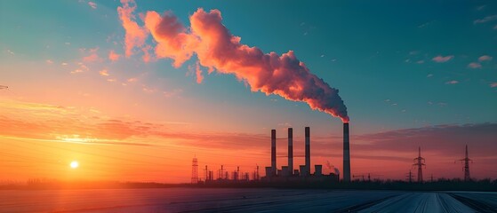 Industrial Dawn: The Silent Sonata of Climate Impact. Concept Climate Change, Industrialization, Impact on Environment, Dawn of Awareness - obrazy, fototapety, plakaty