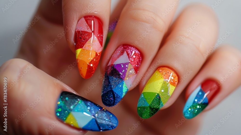 Poster fingernails painted in a rainbow of colors with geometric patterns and glitter accents creating a me
