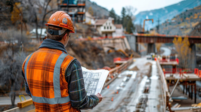 An engineer holds blueprints and looks at a bridge being built