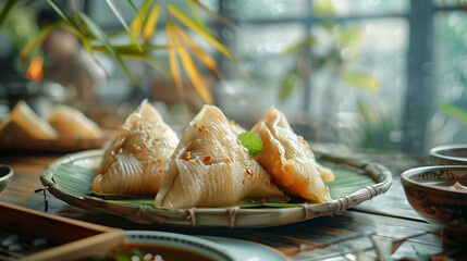 Zongzi dumplings in bamboo steamer on a table.  dragon boat festival traditional food.