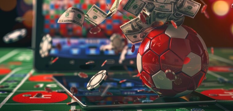 Photo realistically, a mobile holding a tablet holding player soccer money, gold and red theme, style 