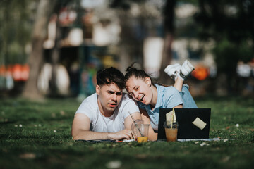 A romantic school couple laying in the grass focused on their studies under the shade in a park.